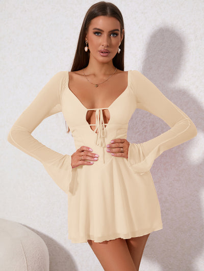 cut out lace up mesh ivory dress#color_ivory