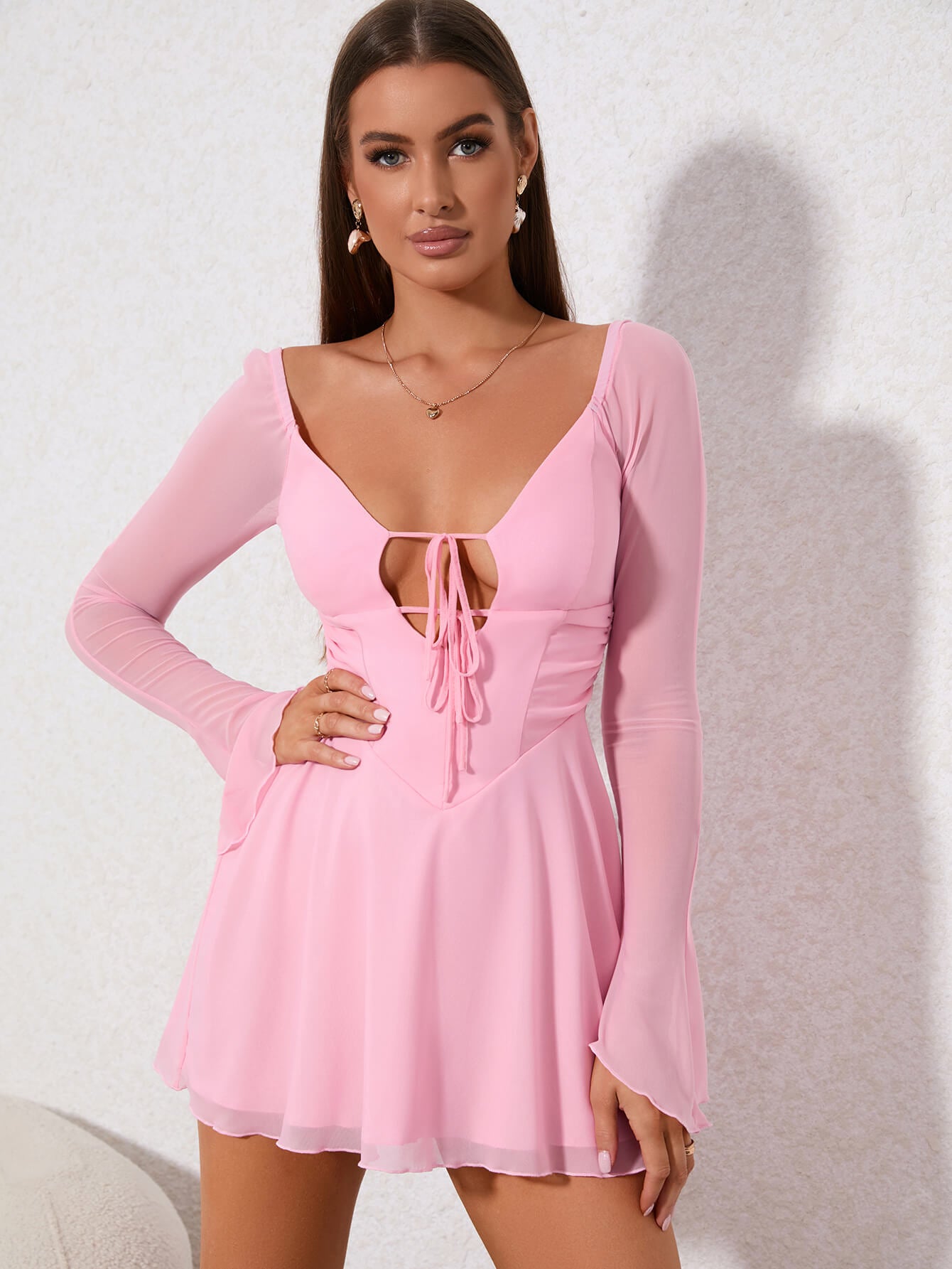 cut out lace up pink mesh dress#color_pink