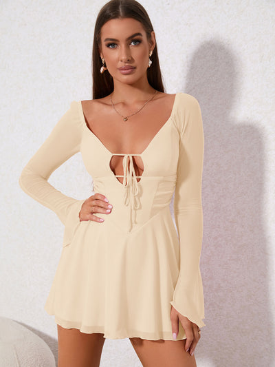 ivory cut out lace up mesh dress#color_ivory