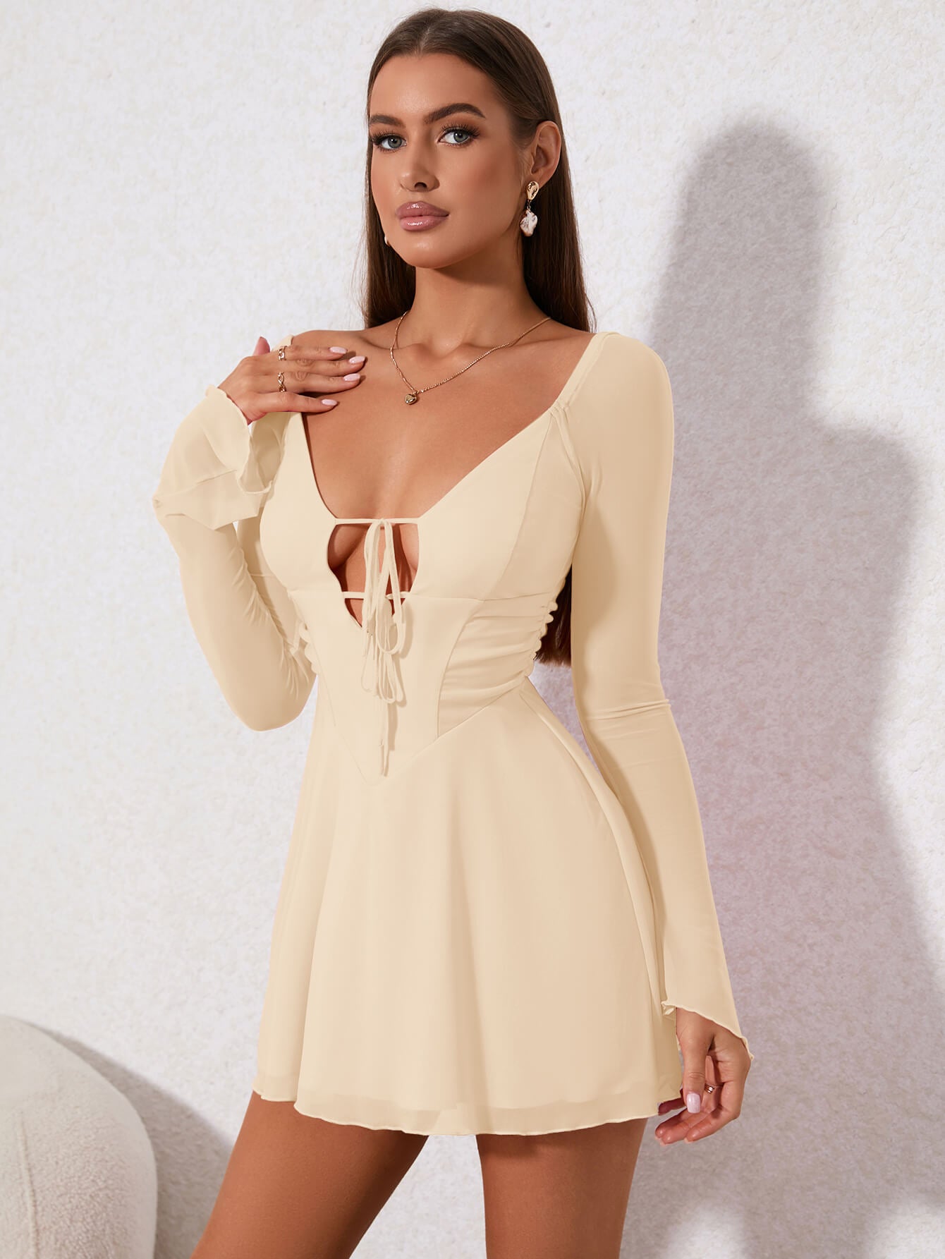 cut out lace up mesh dress ivory side#color_ivory
