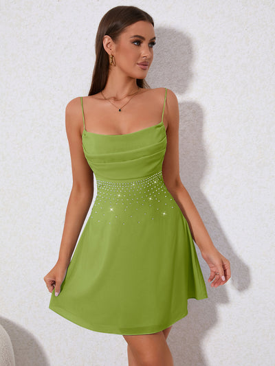 green rhinestone detail ruched cami dress#color_green