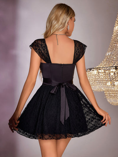 rayson patchwork a line satin dress#color_black