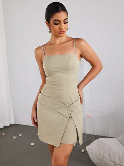 zipper backless asymmetrical hem mini dress#color_khaki
