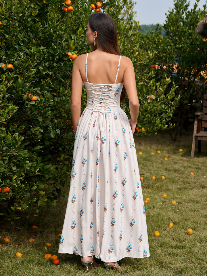 Backless Tie Crisscross Pocket Floral Print Dress#color_blueflower