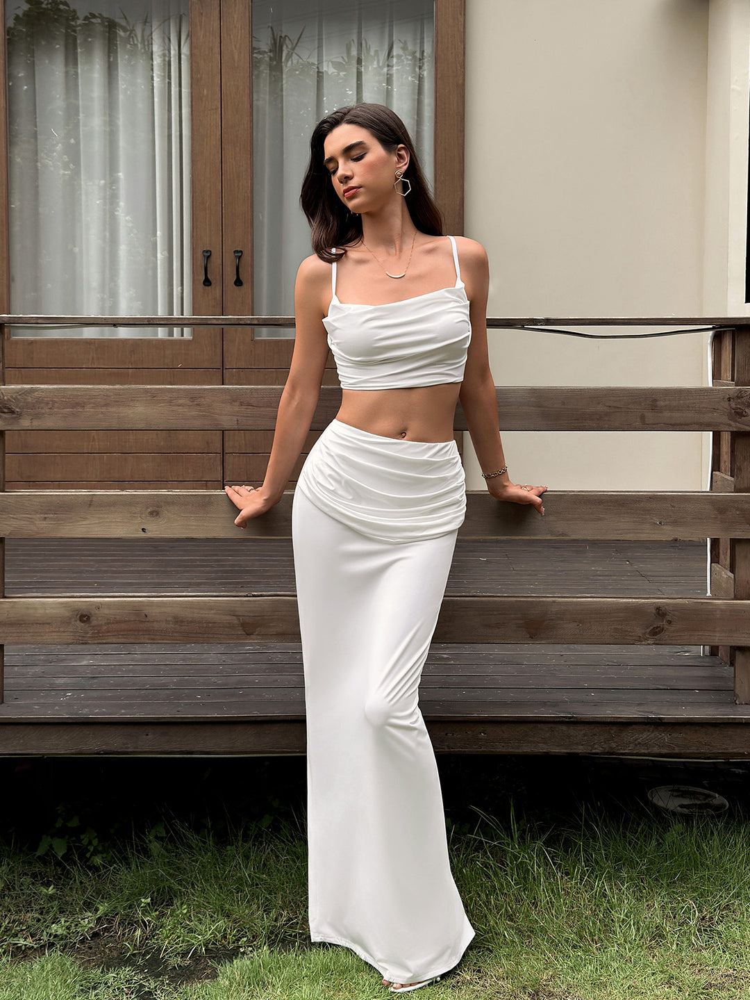 Backless Crop Cami Top &amp; Bodycon Ruched Split Skirt