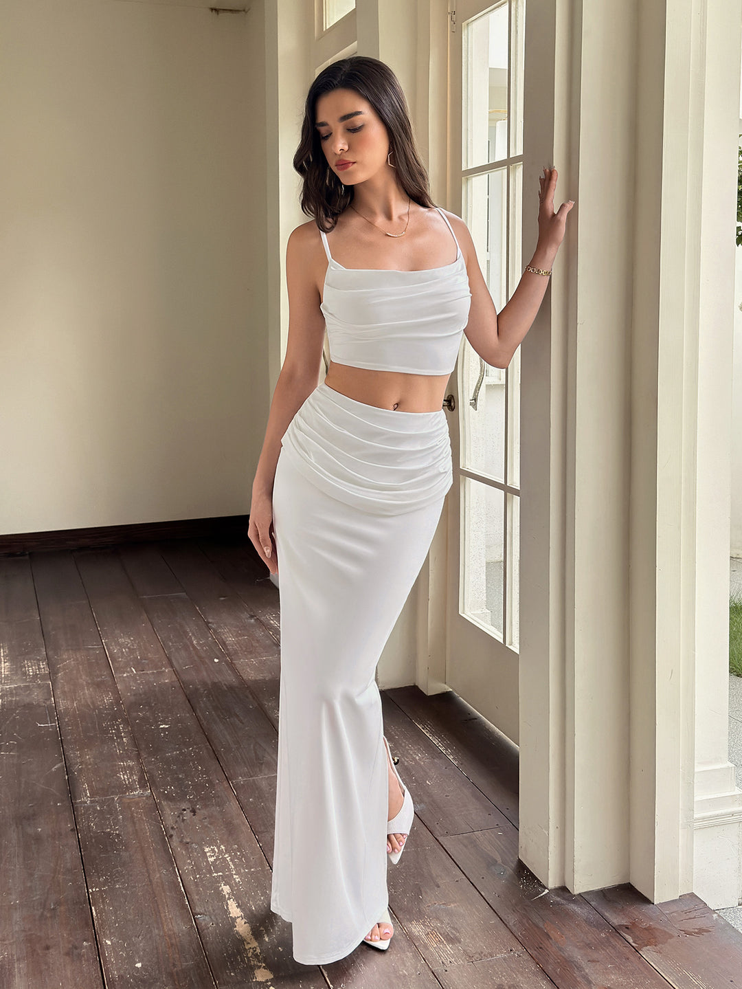 Backless Crop Cami Top & Ruched Split Bodycon Skirt#color_white