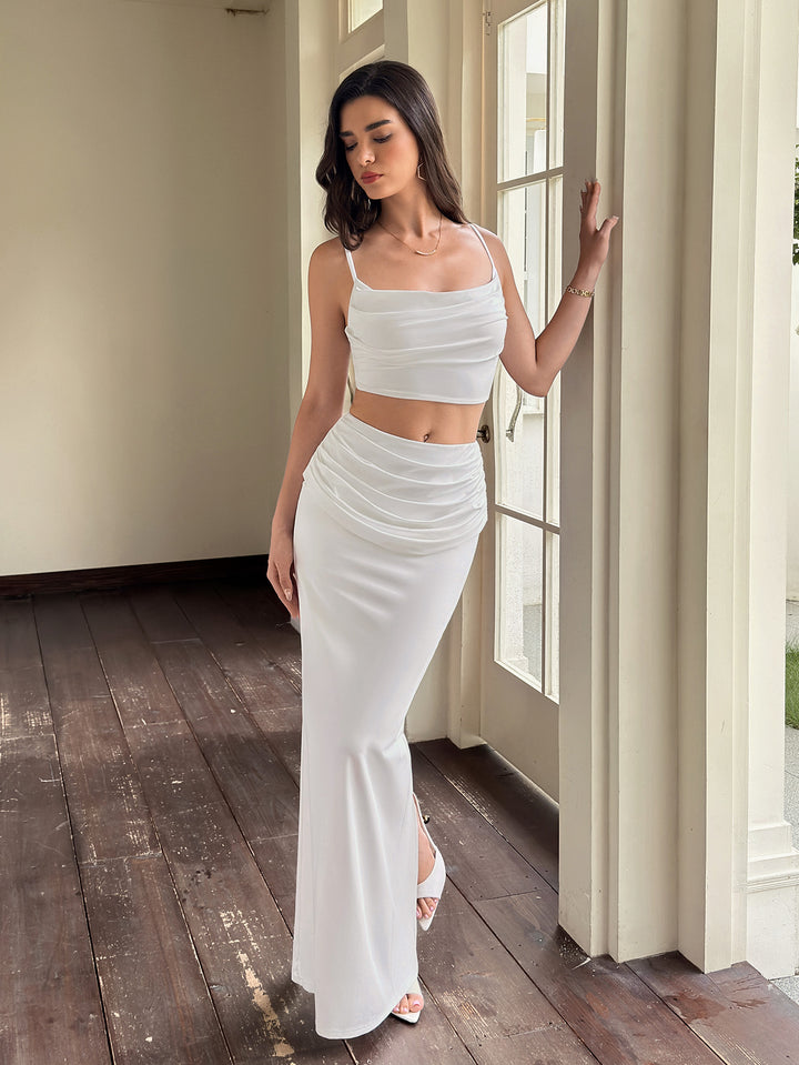 Backless Crop Cami Top &amp; Ruched Split Bodycon Skirt