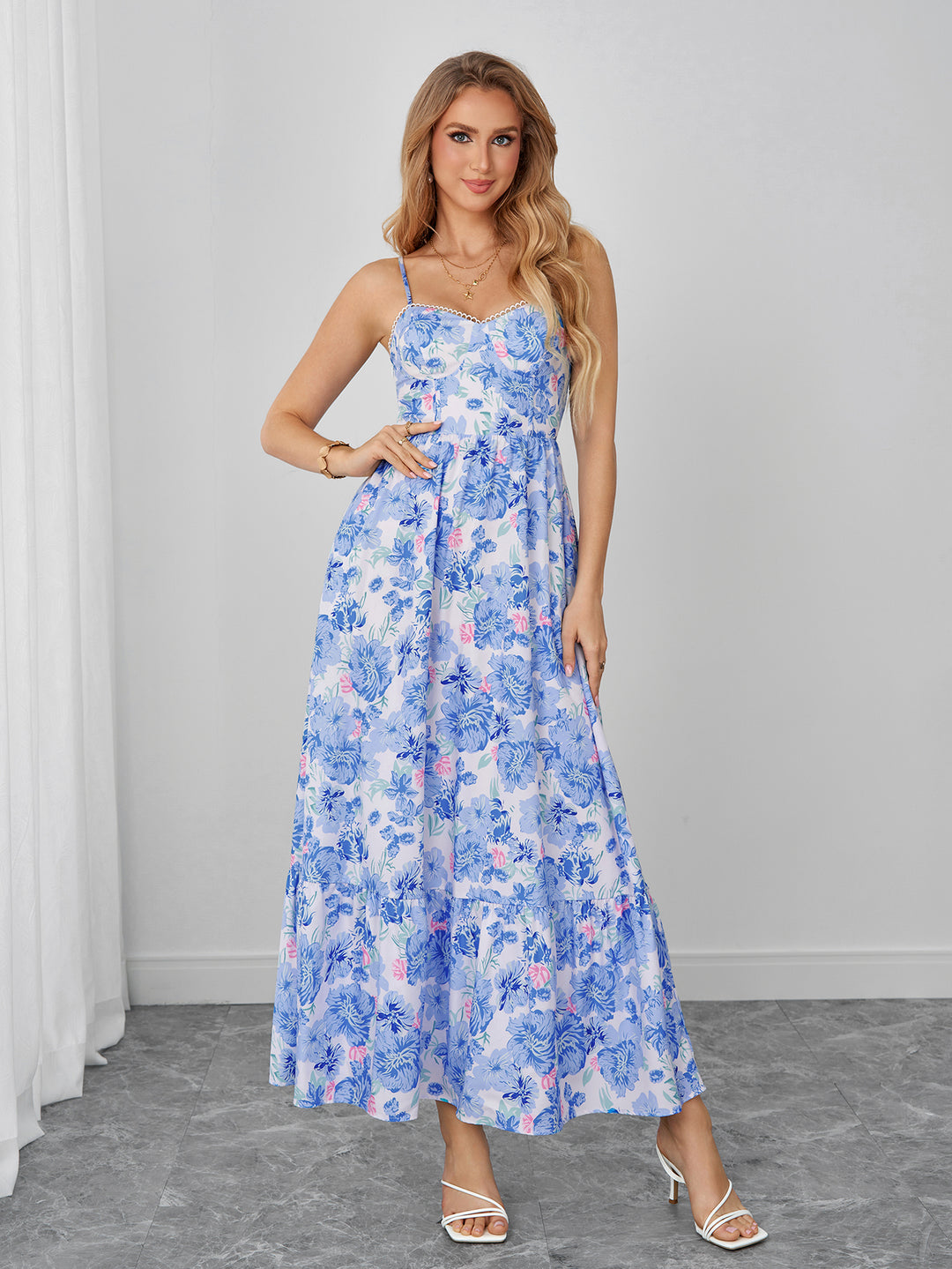 Pocket Flared Backless Floral Print Cami Dress