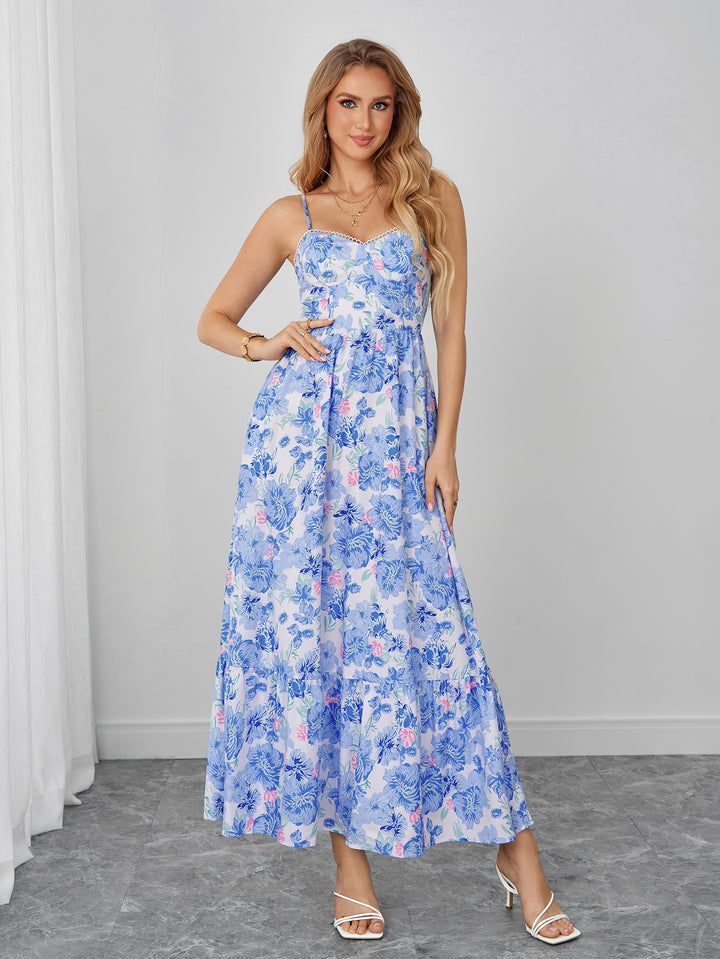 Pocket Flared Backless Floral Print Cami Dress