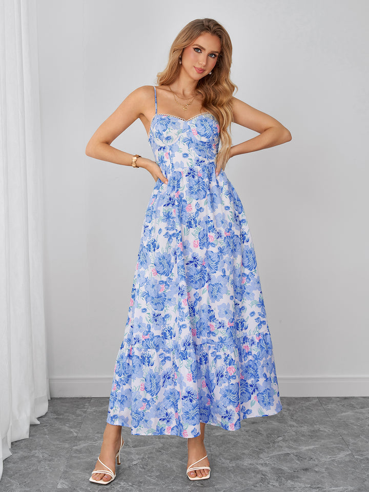 Pocket Backless Flared Floral Print Cami Dress