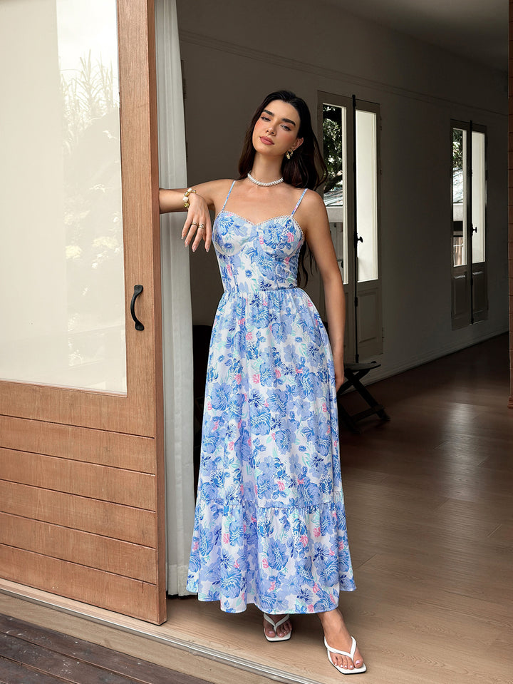 Pocket Backless Flared Floral Print Cami Dress
