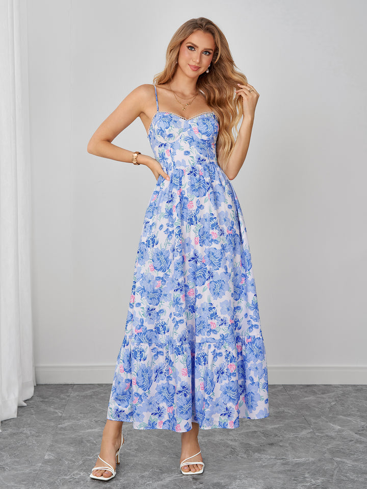 Backless Flared Pocket Floral Print Cami Dress
