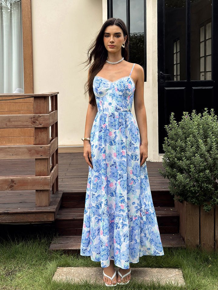 Backless Flared Pocket Floral Print Cami Dress