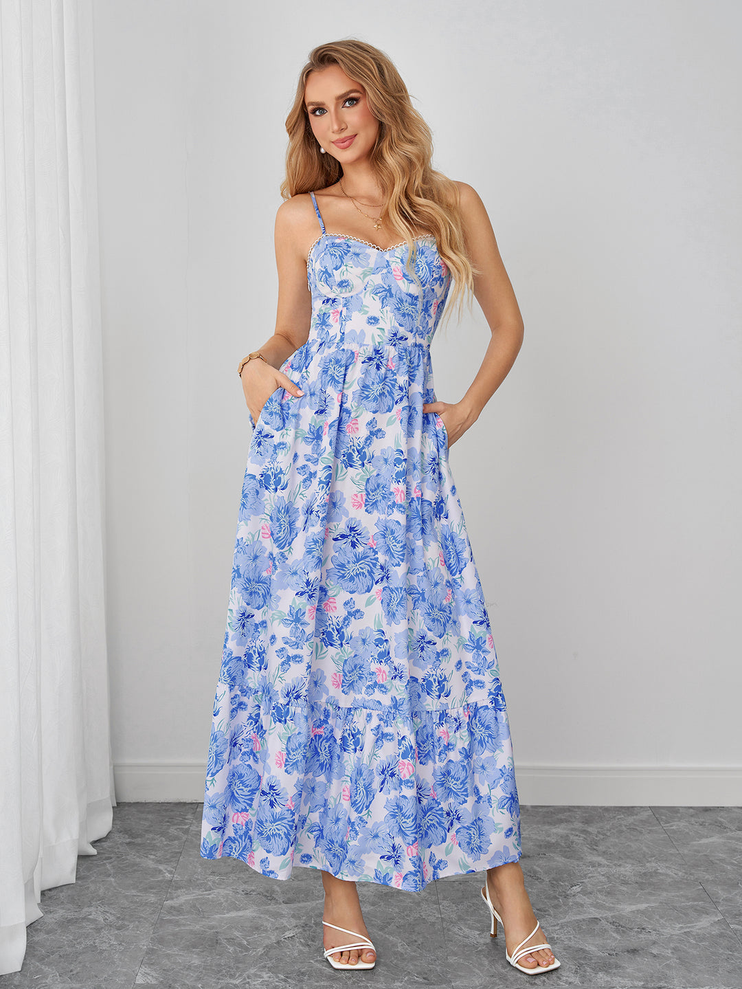 Flared Pocket Backless Floral Print Cami Dress