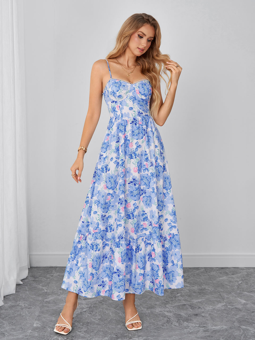 Flared Backless Pocket Floral Print Cami Dress