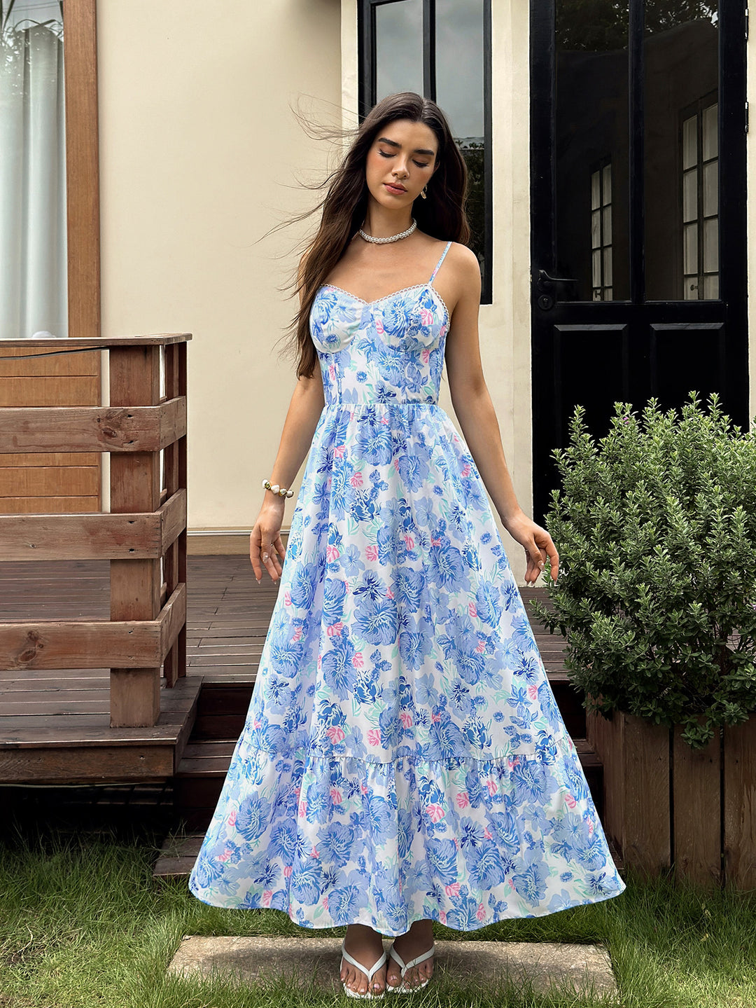 Flared Backless Pocket Floral Print Cami Dress