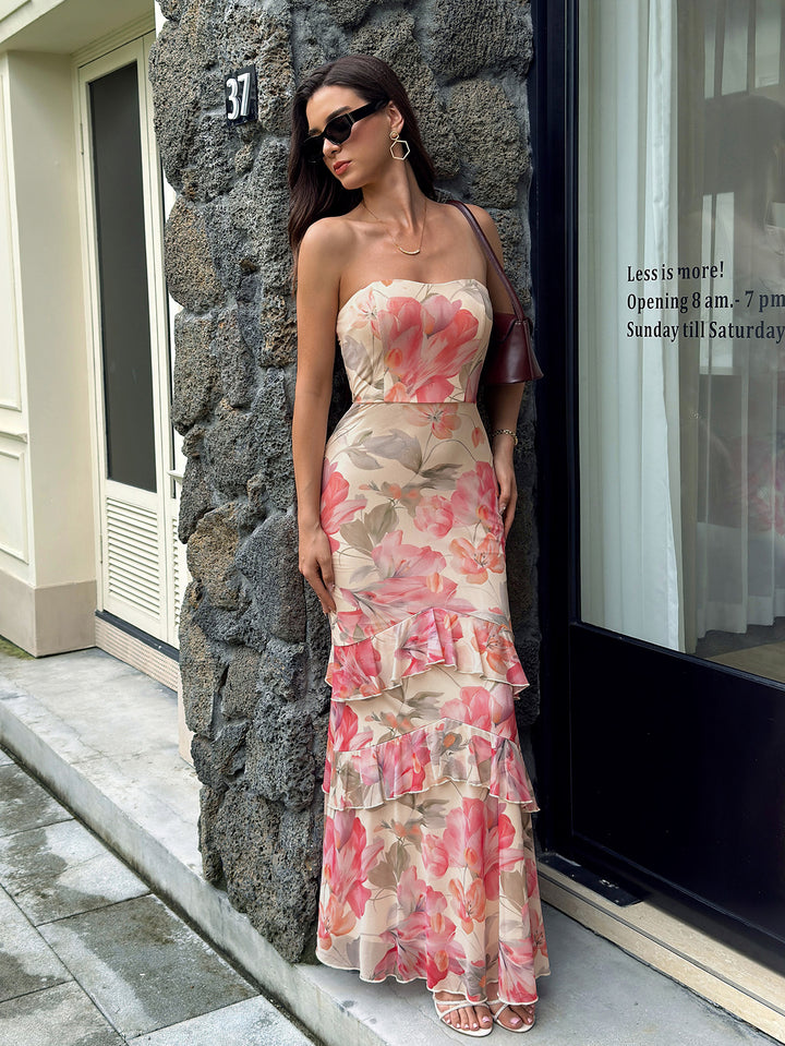 Floral Print Flounce Trim Backless Mesh Tube Dress