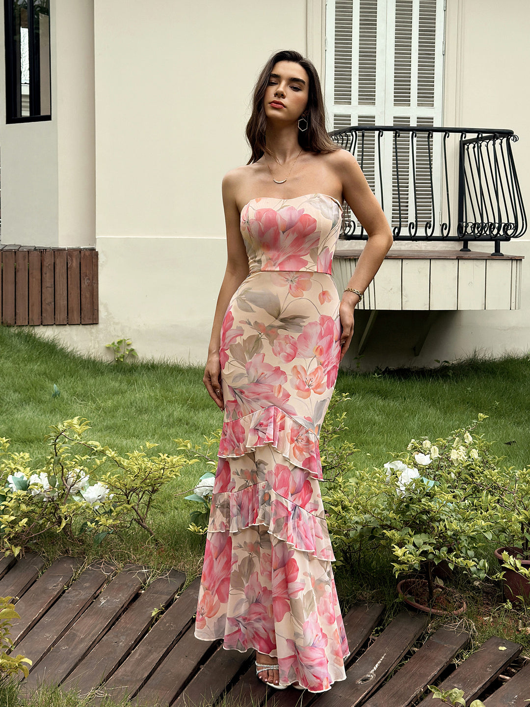 Backless Flounce Trim Floral Print Mesh Tube Dress#color_pf