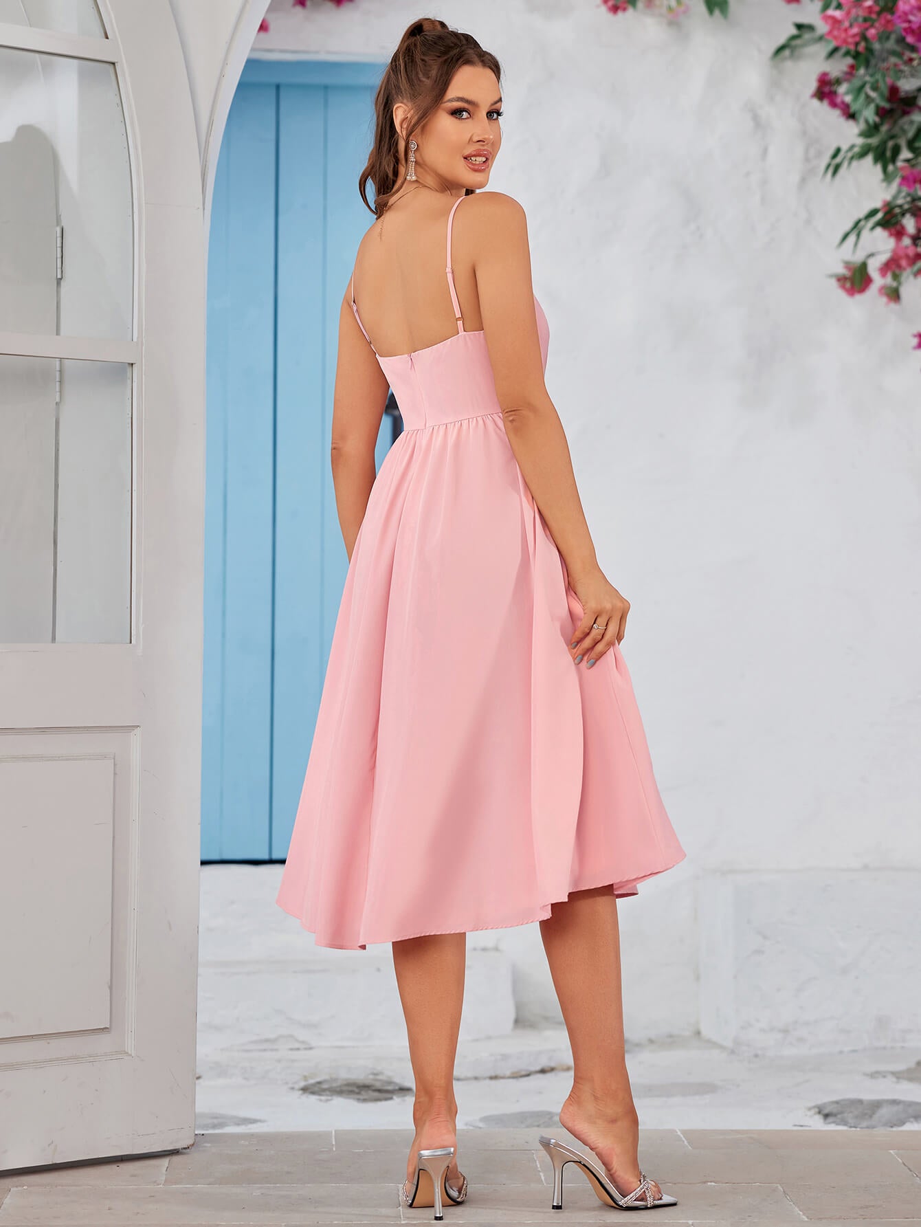flowy backless solid cami midi dress#color_pink