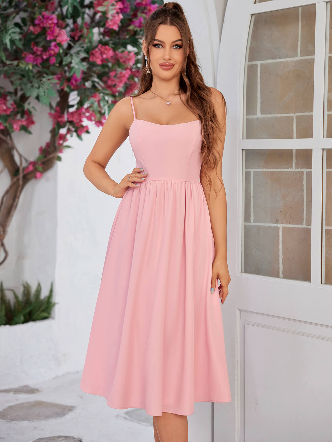 backless flowy solid cami pink midi dress#color_pink