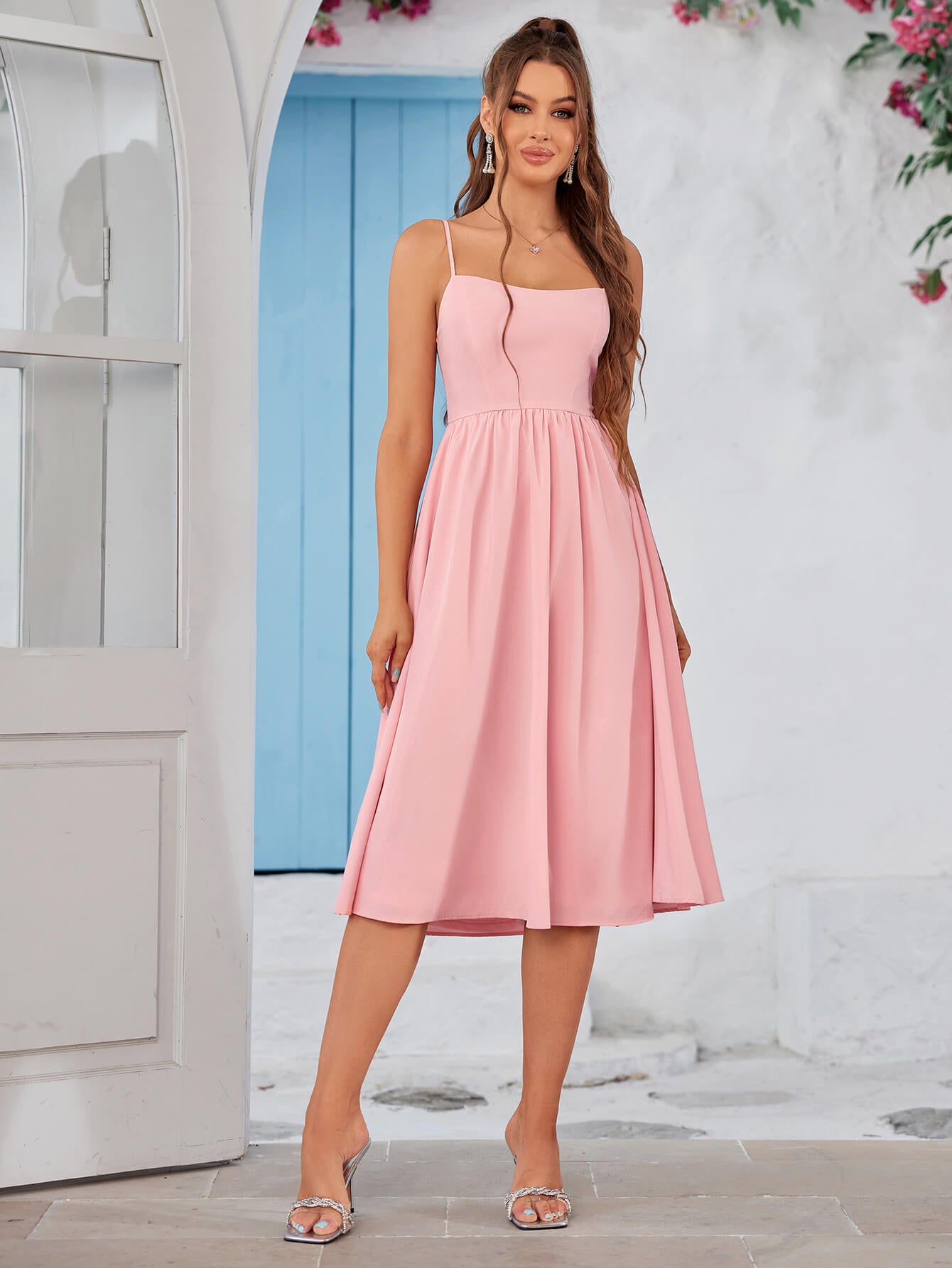 pink backless flowy solid cami midi dress#color_pink
