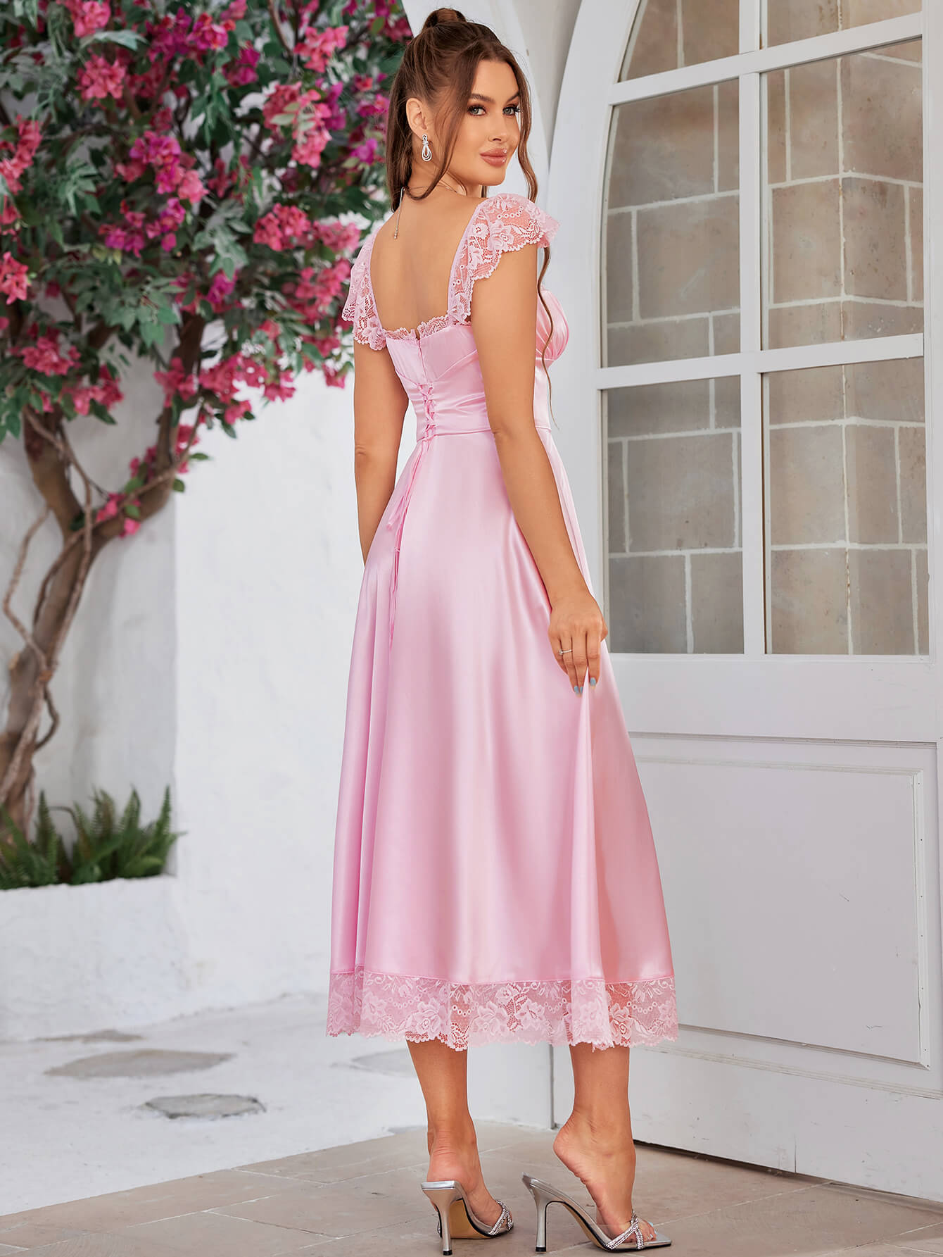 lace satin patchwork backless maxi dress#color_pink