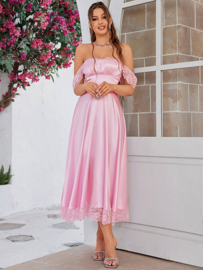 backless lace satin patchwork pink dress#color_pink