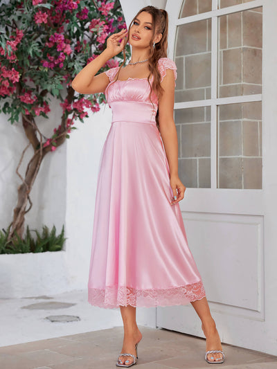 bodycon lace satin patchwork maxi dress#color_pink