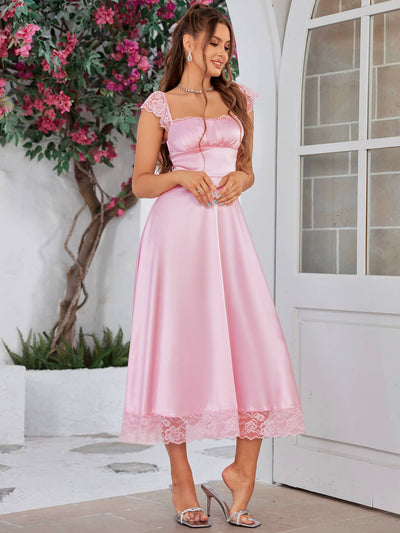 lace satin patchwork bodycon maxi dress#color_pink