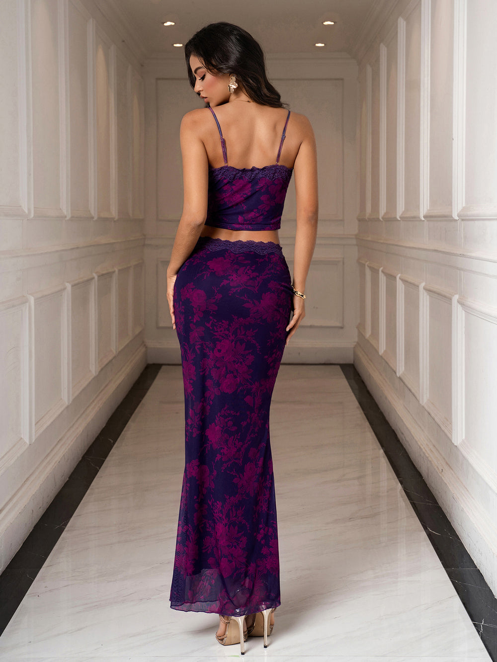 Backless Cami Lace Trim Top & Bodycon Mesh Skirt#color_purplef
