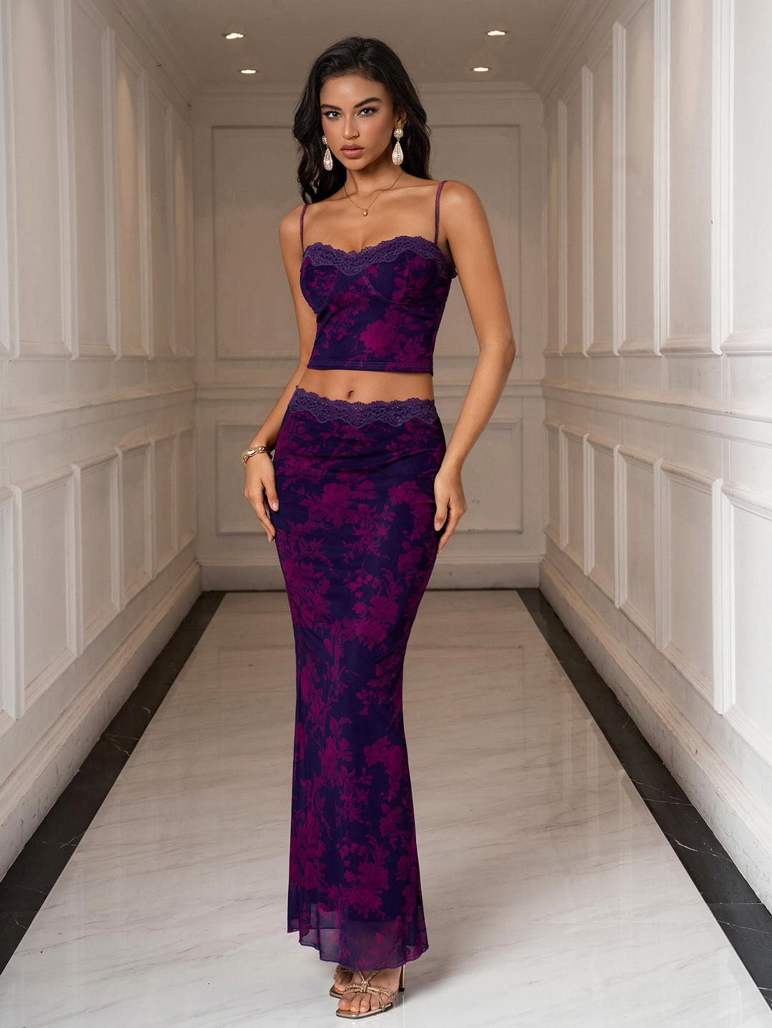 Backless Lace Trim Cami Top &amp; Bodycon Mesh Skirt