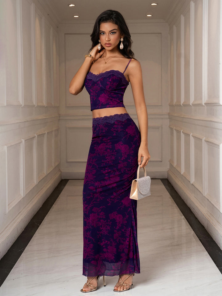 Backless Lace Trim Cami Top &amp; Mesh Bodycon Skirt