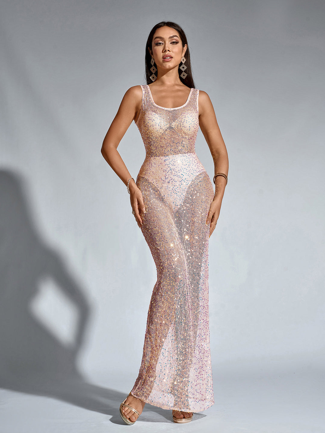 Backless Mesh Sequin Perspective Long Dress(Including Underwear) Parthea Fashion Backless Mesh Sequin Perspective Long Dress(Including Underwear) Parthea Fashion