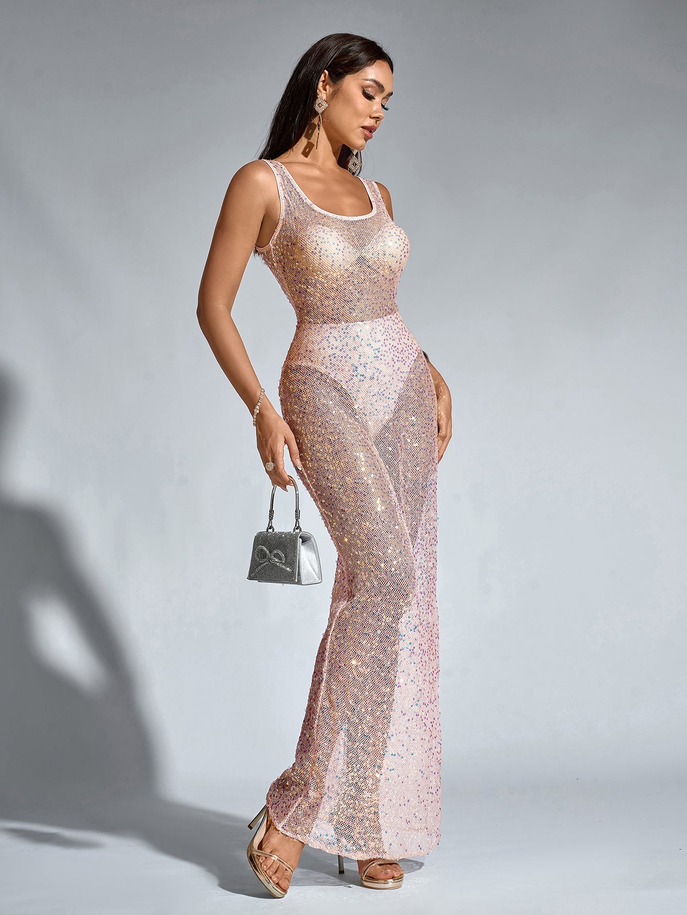 Backless Mesh Sequin Perspective Long Dress(Including Underwear) Parthea Fashion Backless Mesh Sequin Perspective Long Dress(Including Underwear) Parthea Fashion