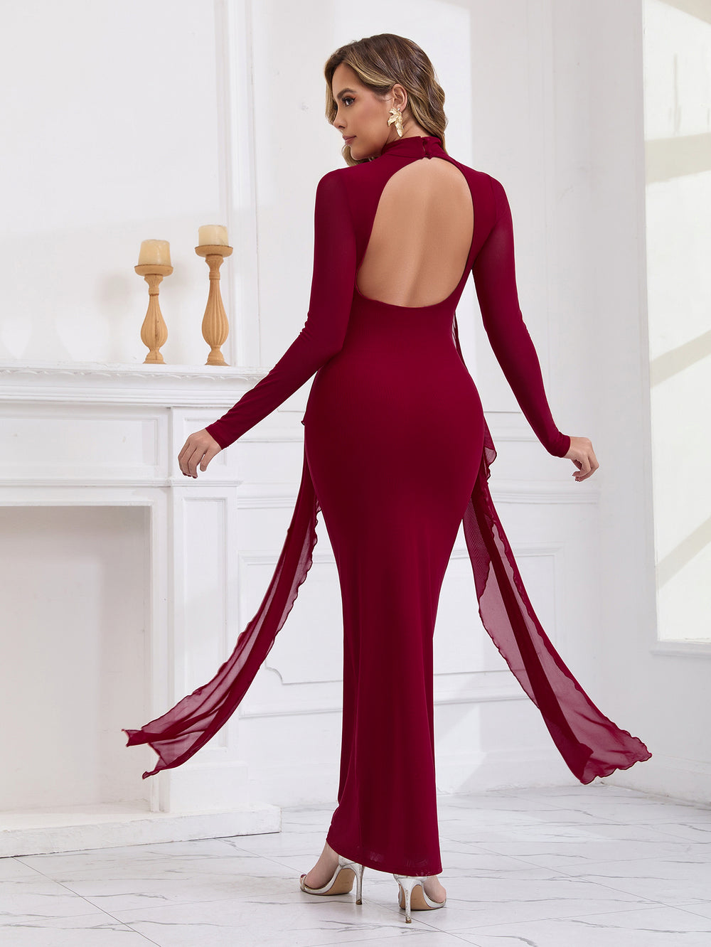 Backless Long Sleeve Ribbon Trim Mesh Dress#color_wine