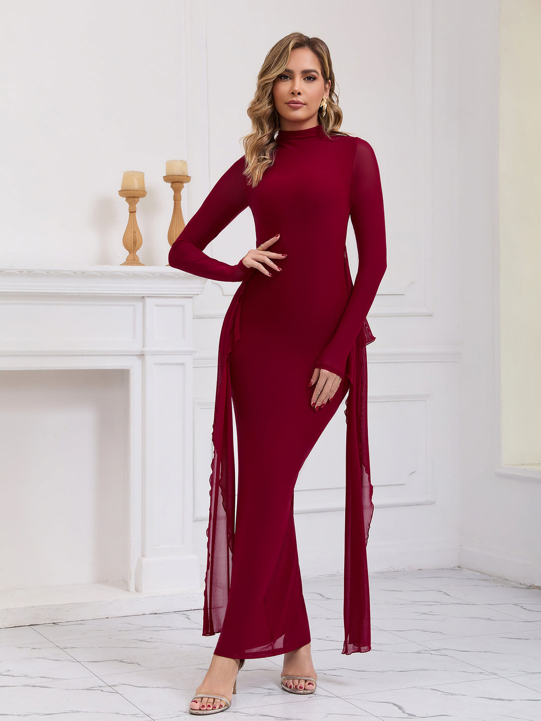 Backless Ribbon Trim Long Sleeve Mesh Dress#color_wine