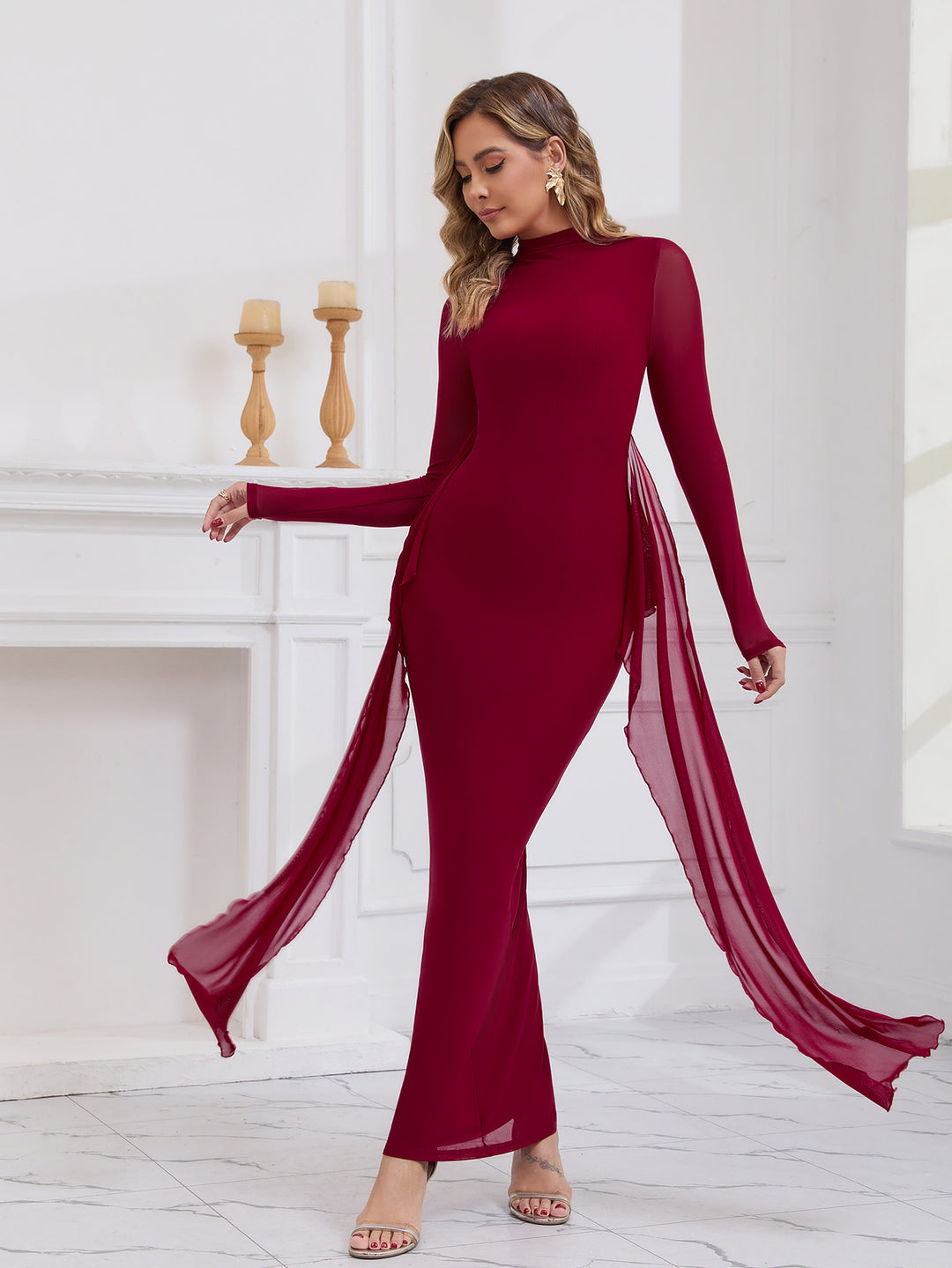 Backless Ribbon Trim Long Sleeve Mesh Dress, Wine / Xs Backless Ribbon Trim Long Sleeve Mesh Dress, Wine / Xs