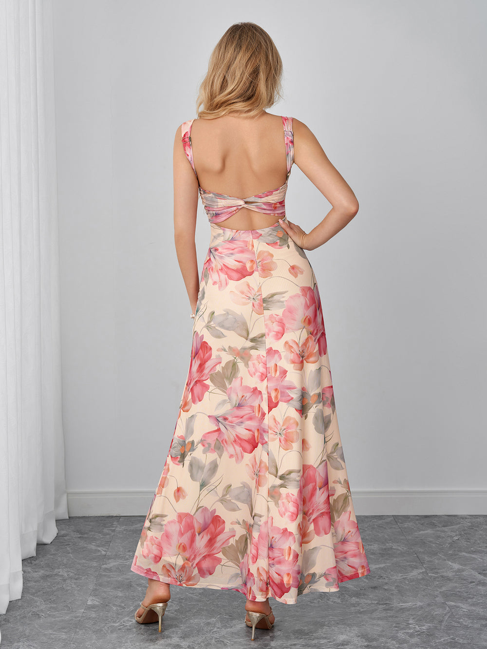 Backless Floral Print Ruched Bust Mesh Dress#color_pf