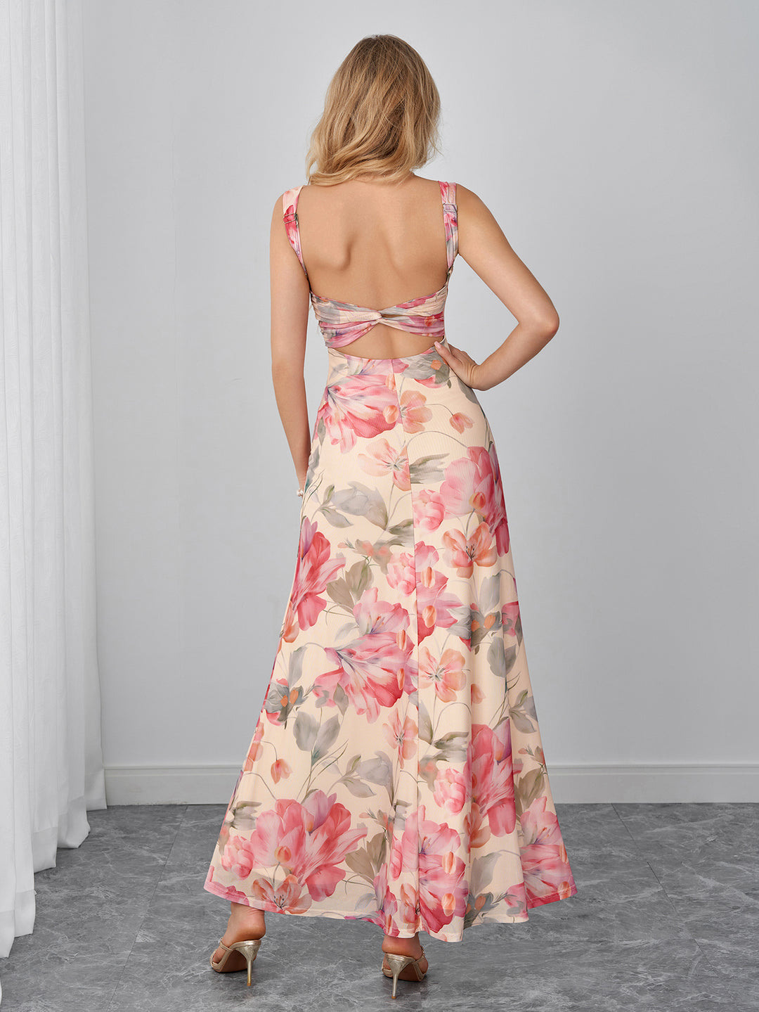 Backless Floral Print Ruched Bust Mesh Dress