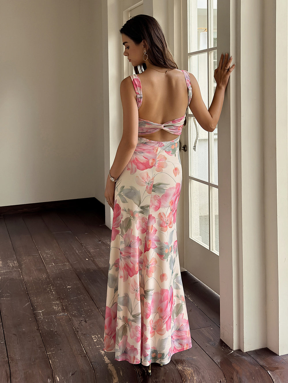 Backless Floral Print Ruched Bust Mesh Dress#color_pf