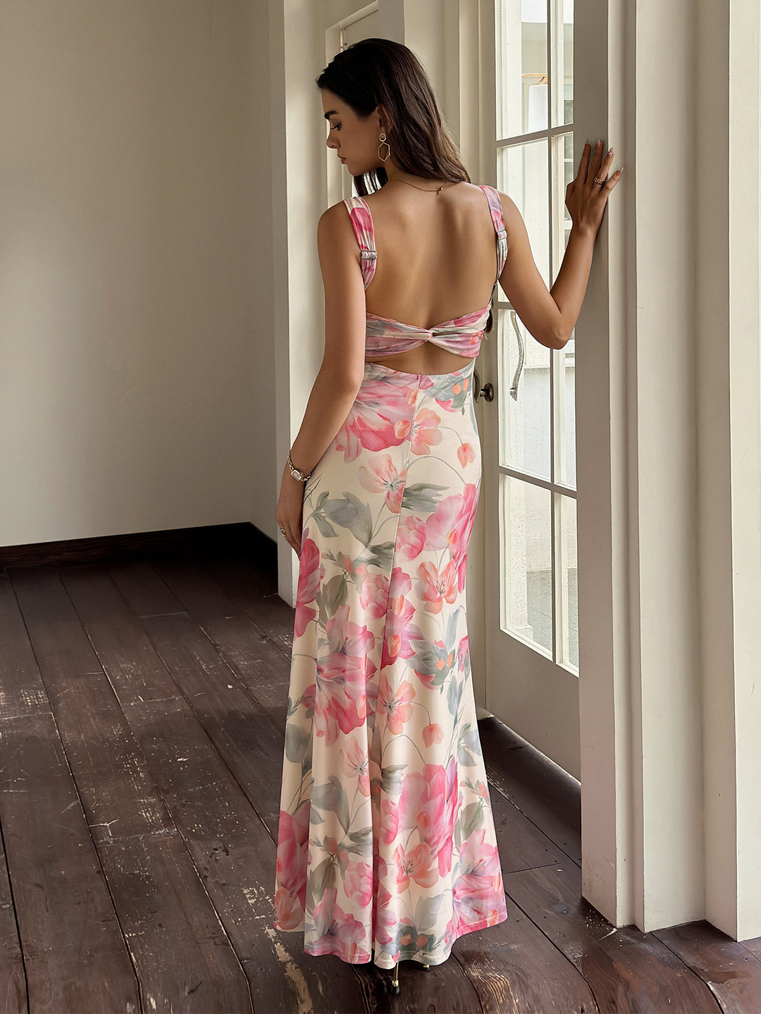 Backless Floral Print Ruched Bust Mesh Dress