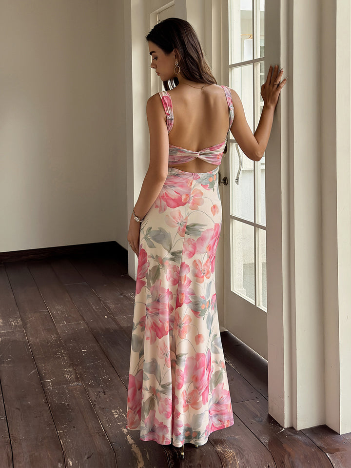 Backless Floral Print Ruched Bust Mesh Dress
