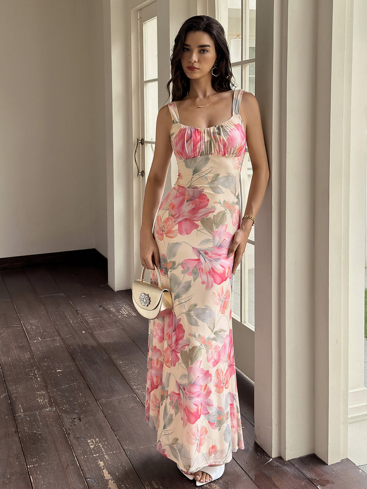 Backless Ruched Bust Floral Print Mesh Dress