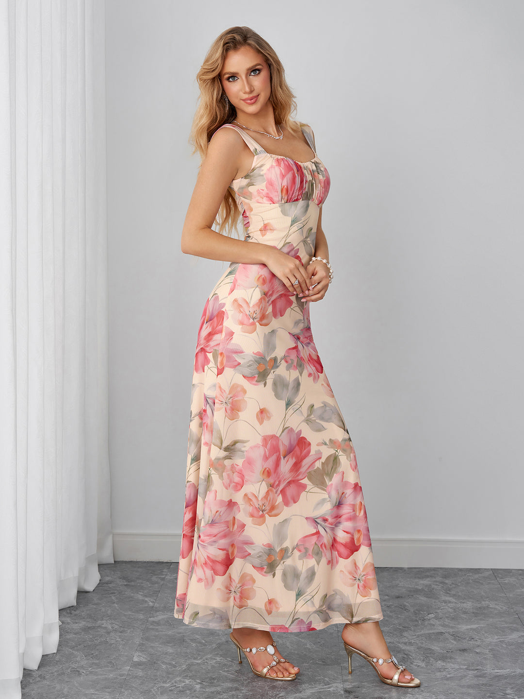Backless Floral Print Ruched Bust Mesh Dress