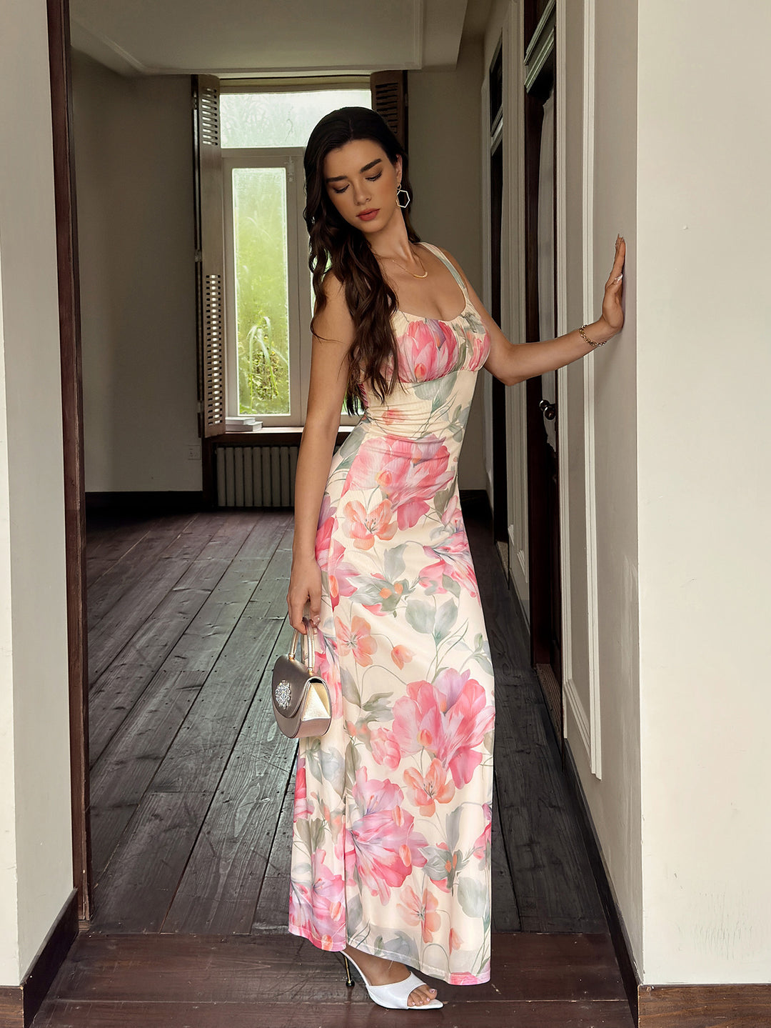 Ruched Bust Backless Floral Print Mesh Dress