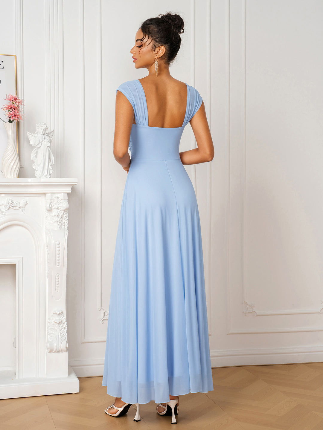 Backless Solid Ruched Bust Mesh Dress