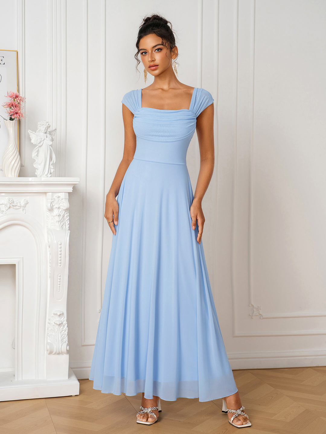 Backless Ruched Bust Solid Mesh Dress