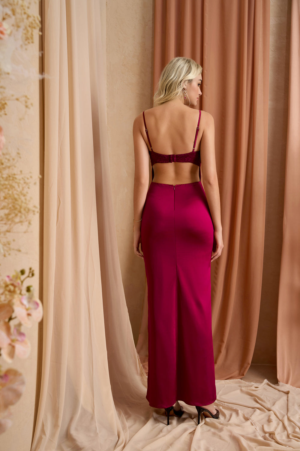 Backless Zipper Back Ruched Bust Satin Dress#color_wine