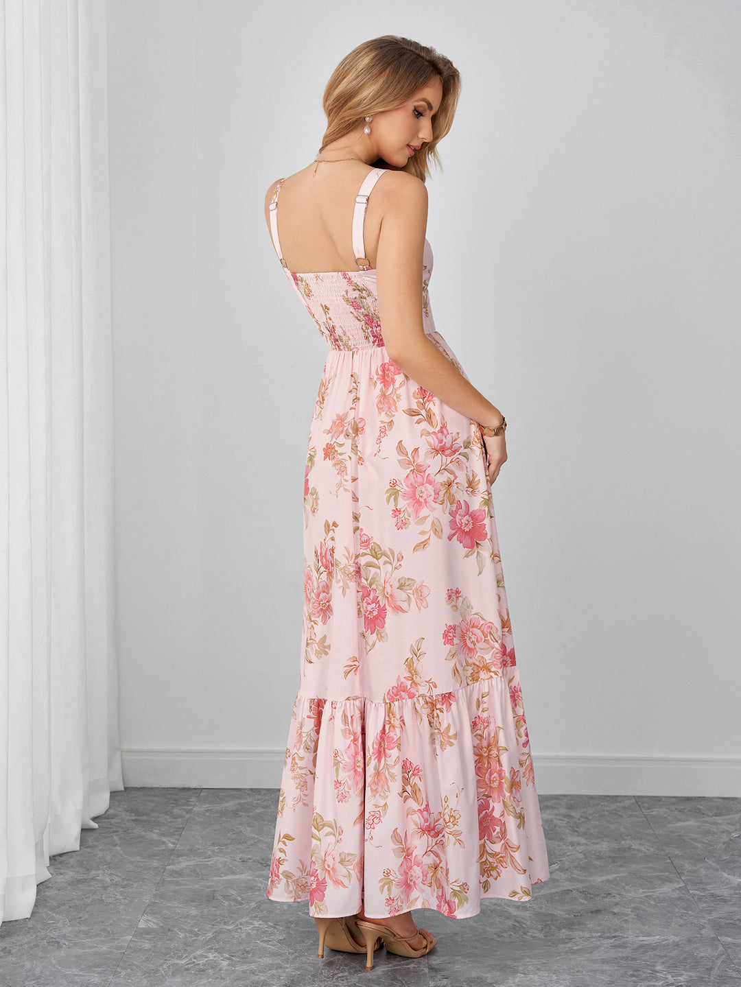 Backless Pocket Ruched Floral Print Maxi Dress