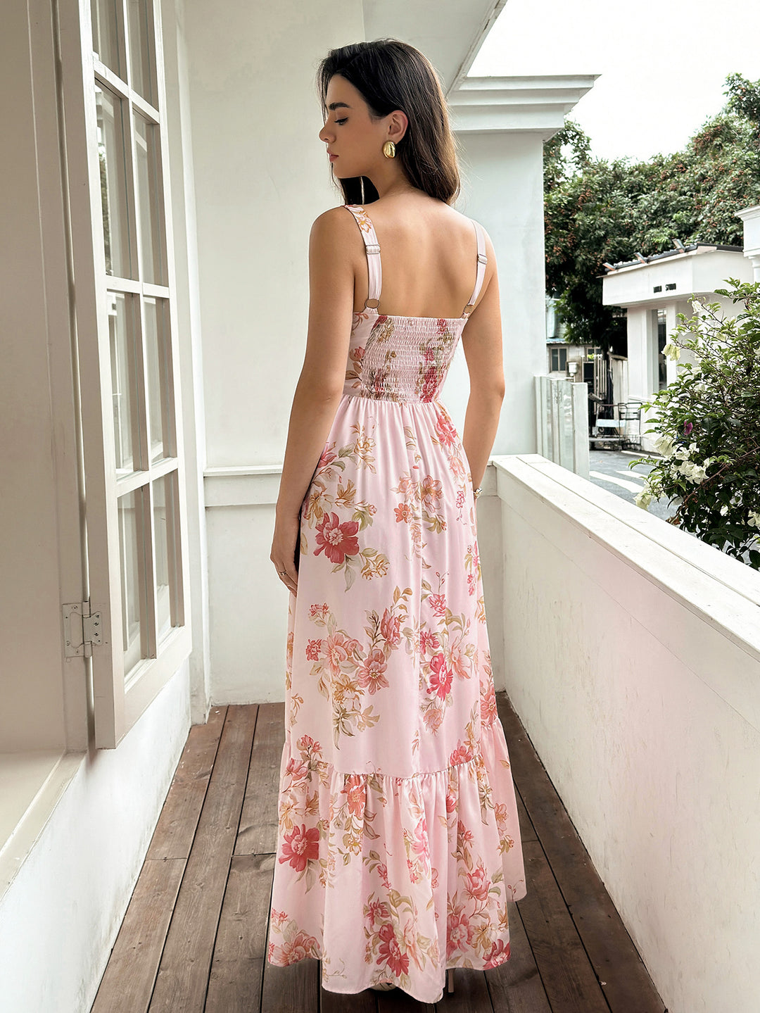 Backless Pocket Ruched Floral Print Maxi Dress